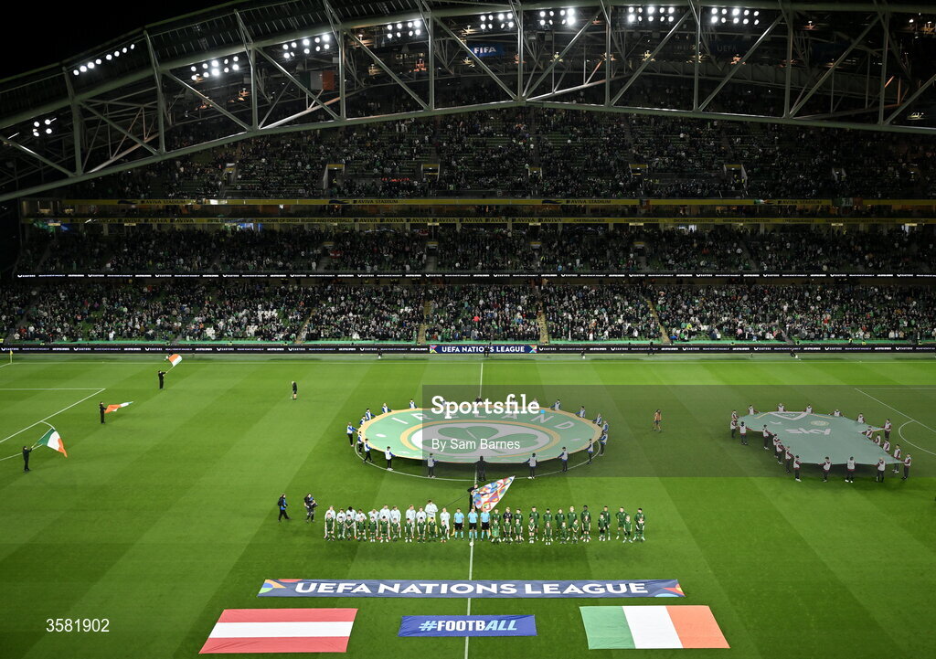 1 October 2026; The teams line up before the UEFA Nations League B match between the Republic of Ireland and Austria at the Aviva Stadium in Dublin. Photo by Sam Barnes/Sportsfile