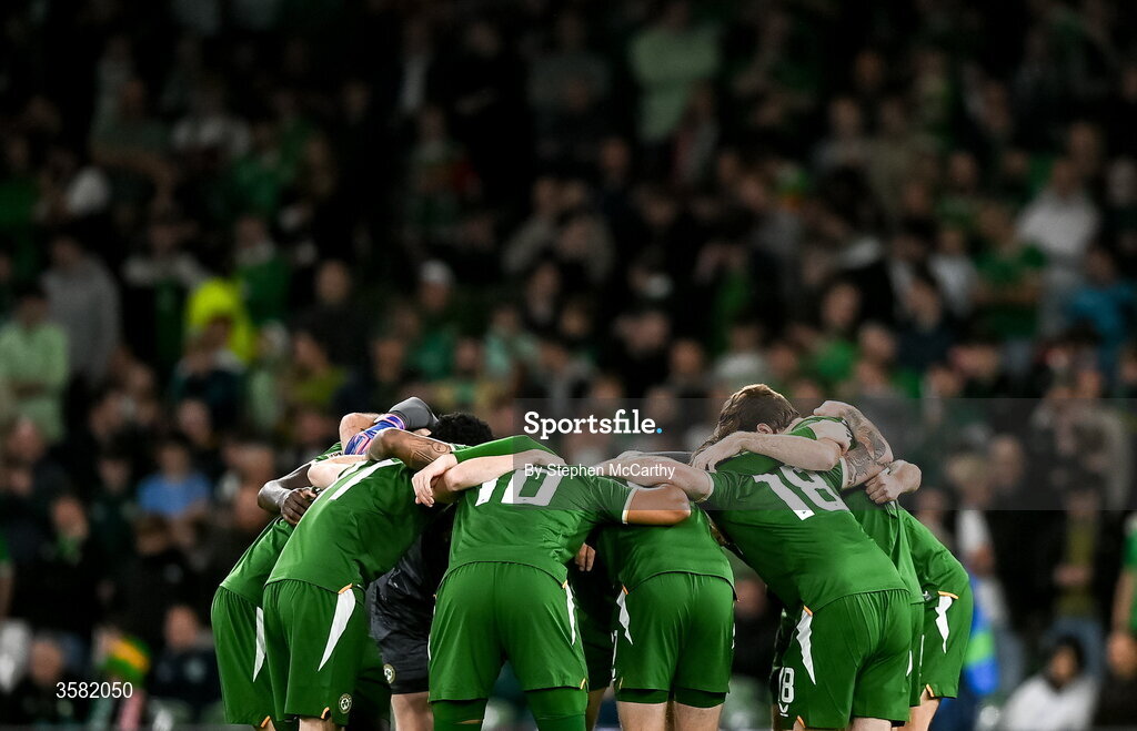 1 October 2026; Republic of Ireland players huddle before the UEFA Nations League B match between the Republic of Ireland and Austria at the Aviva Stadium in Dublin. Photo by Stephen McCarthy/Sportsfile
