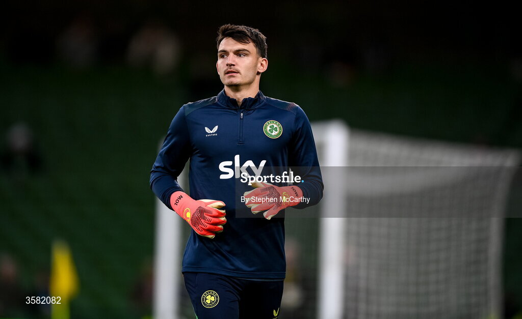 1 October 2026; Republic of Ireland goalkeeper Max O'Leary warms up before the UEFA Nations League B match between the Republic of Ireland and Austria at the Aviva Stadium in Dublin. Photo by Stephen McCarthy/Sportsfile
