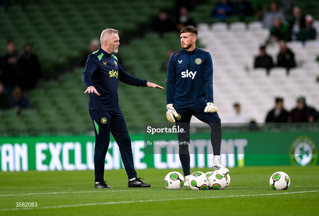 1 October 2026; Republic of Ireland goalkeeping coach Gudmundur Hreidarsson and goalkeeper Josh Keeley before the UEFA Nations League B match between the Republic of Ireland and Austria at the Aviva Stadium in Dublin. Photo by Stephen McCarthy/Sportsfile