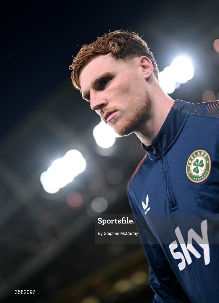 1 October 2026; Jake O'Brien of Republic of Ireland before the UEFA Nations League B match between the Republic of Ireland and Austria at the Aviva Stadium in Dublin. Photo by Stephen McCarthy/Sportsfile
