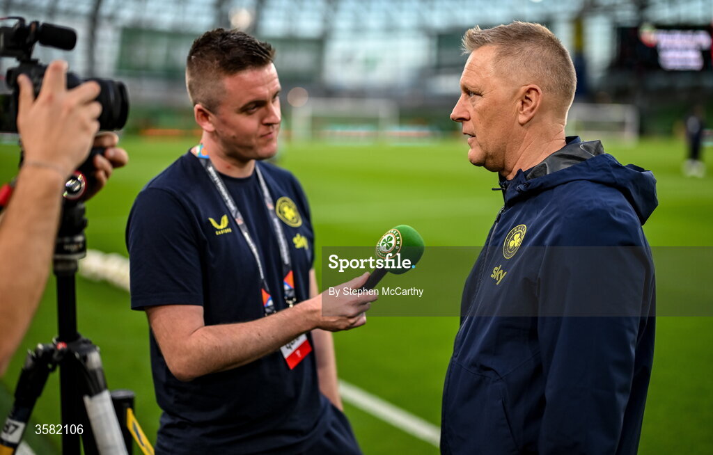 1 October 2026; Republic of Ireland head coach Heimir Hallgrimsson is interviewed by communications manager Kieran Crowley before the UEFA Nations League B match between the Republic of Ireland and Austria at the Aviva Stadium in Dublin. Photo by Stephen McCarthy/Sportsfile