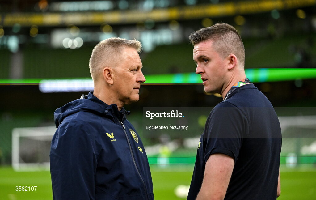 1 October 2026; Republic of Ireland head coach Heimir Hallgrimsson and communications manager Kieran Crowley before the UEFA Nations League B match between the Republic of Ireland and Austria at the Aviva Stadium in Dublin. Photo by Stephen McCarthy/Sportsfile
