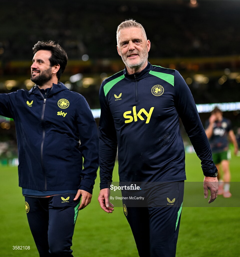 1 October 2026; Republic of Ireland goalkeeping coach Gudmundur Hreidarsson and strength and conditioning coach Pepe Lázaro Ramírez, left, before the UEFA Nations League B match between the Republic of Ireland and Austria at the Aviva Stadium in Dublin. Photo by Stephen McCarthy/Sportsfile