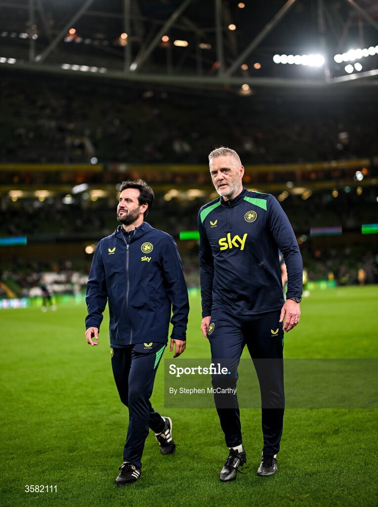 1 October 2026; Republic of Ireland goalkeeping coach Gudmundur Hreidarsson and strength and conditioning coach Pepe Lázaro Ramírez, left, before the UEFA Nations League B match between the Republic of Ireland and Austria at the Aviva Stadium in Dublin. Photo by Stephen McCarthy/Sportsfile