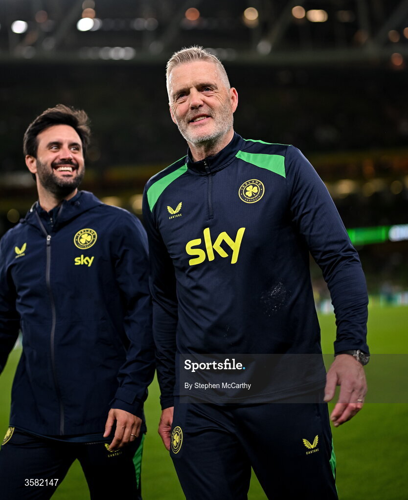1 October 2026; Republic of Ireland goalkeeping coach Gudmundur Hreidarsson and strength and conditioning coach Pepe Lázaro Ramírez, left, before the UEFA Nations League B match between the Republic of Ireland and Austria at the Aviva Stadium in Dublin. Photo by Stephen McCarthy/Sportsfile