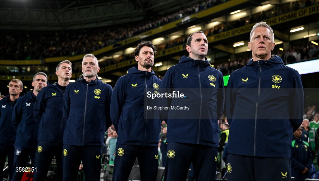 1 October 2026; Republic of Ireland head coach Heimir Hallgrimsson with his coaches and backroom staff before the UEFA Nations League B match between the Republic of Ireland and Austria at the Aviva Stadium in Dublin. Photo by Stephen McCarthy/Sportsfile