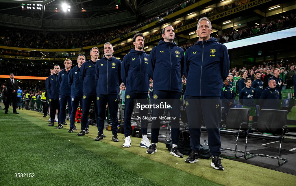 1 October 2026; Republic of Ireland head coach Heimir Hallgrimsson with his coaches and backroom staff before the UEFA Nations League B match between the Republic of Ireland and Austria at the Aviva Stadium in Dublin. Photo by Stephen McCarthy/Sportsfile