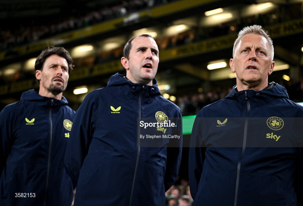 1 October 2026; Republic of Ireland head coach Heimir Hallgrimsson with assistant head coach John O'Shea and assistant coach Paddy McCarthy, left, before the UEFA Nations League B match between the Republic of Ireland and Austria at the Aviva Stadium in Dublin. Photo by Stephen McCarthy/Sportsfile