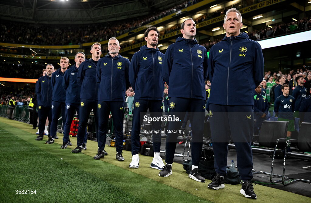 1 October 2026; Republic of Ireland head coach Heimir Hallgrimsson with his coaches and backroom staff before the UEFA Nations League B match between the Republic of Ireland and Austria at the Aviva Stadium in Dublin. Photo by Stephen McCarthy/Sportsfile