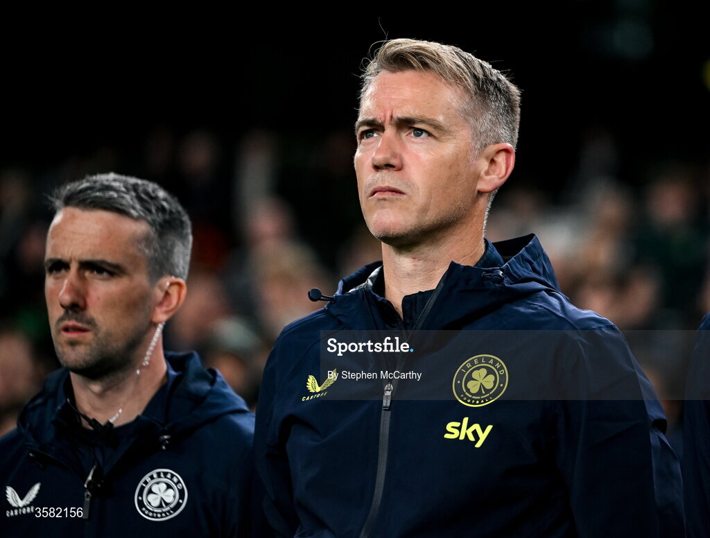 1 October 2026; Republic of Ireland head of athletic performance Damien Doyle and team doctor Sean Carmody before the UEFA Nations League B match between the Republic of Ireland and Austria at the Aviva Stadium in Dublin. Photo by Stephen McCarthy/Sportsfile