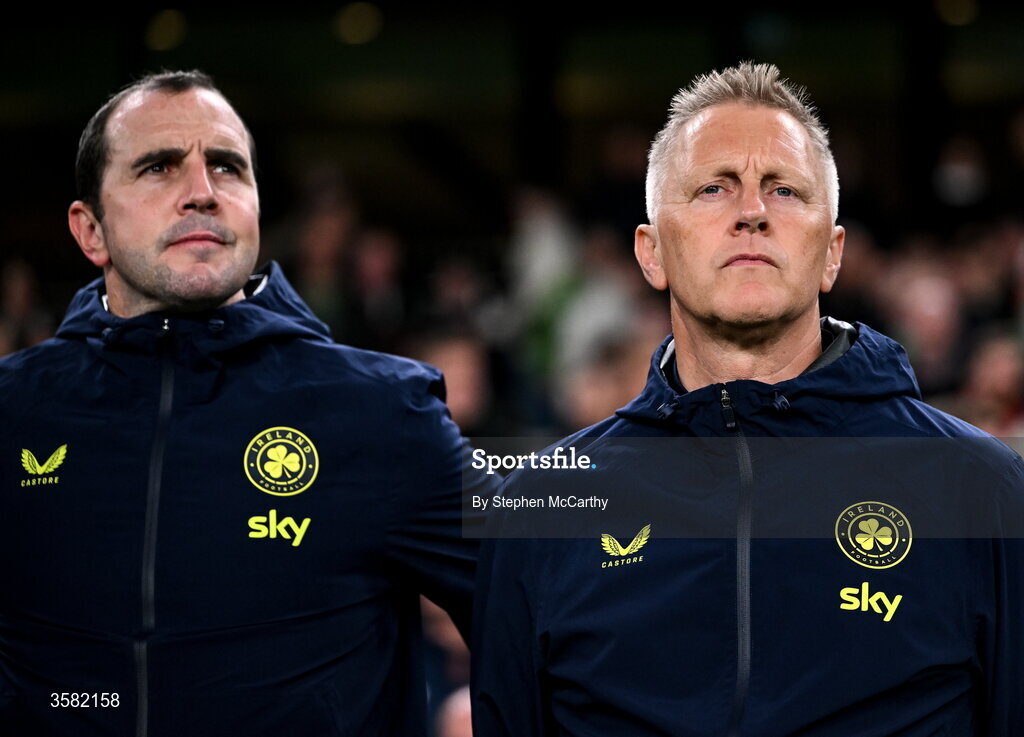 1 October 2026; Republic of Ireland head coach Heimir Hallgrimsson and assistant head coach John O'Shea, left, before the UEFA Nations League B match between the Republic of Ireland and Austria at the Aviva Stadium in Dublin. Photo by Stephen McCarthy/Sportsfile