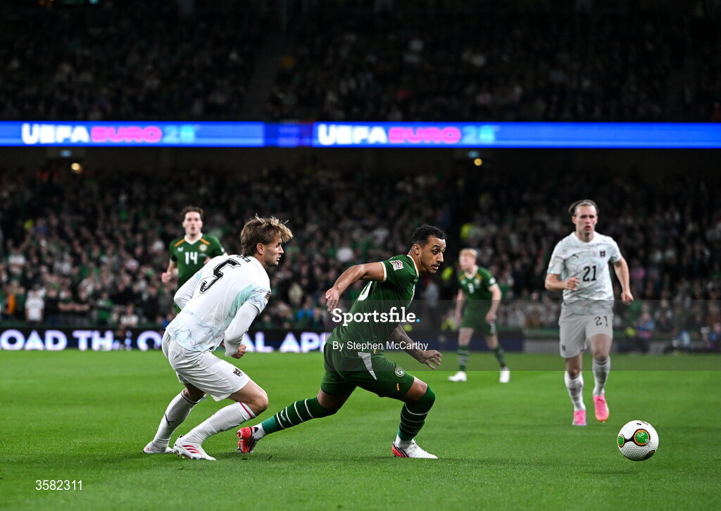 1 October 2026; Adam Idah of Republic of Ireland and Stefan Posch of Austria during the UEFA Nations League B match between the Republic of Ireland and Austria at the Aviva Stadium in Dublin. Photo by Stephen McCarthy/Sportsfile
