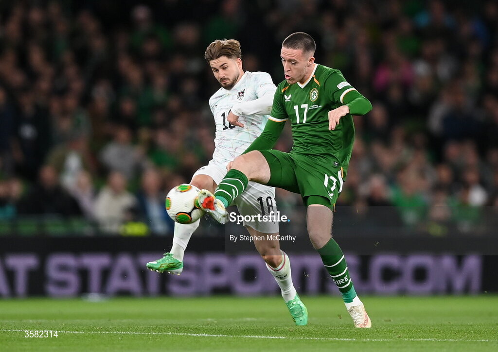 1 October 2026; Jack Moylan of Republic of Ireland and Romano Schmid of Austria during the UEFA Nations League B match between the Republic of Ireland and Austria at the Aviva Stadium in Dublin. Photo by Stephen McCarthy/Sportsfile