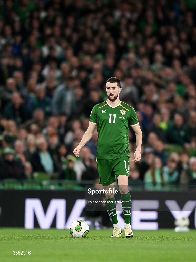 1 October 2026; Finn Azaz of Republic of Ireland during the UEFA Nations League B match between the Republic of Ireland and Austria at the Aviva Stadium in Dublin. Photo by Stephen McCarthy/Sportsfile