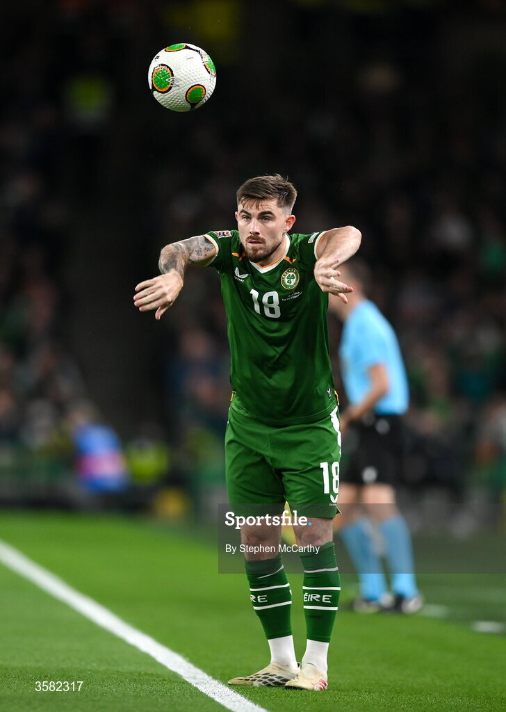 1 October 2026; Ryan Manning of Republic of Ireland takes a throw-in during the UEFA Nations League B match between the Republic of Ireland and Austria at the Aviva Stadium in Dublin. Photo by Stephen McCarthy/Sportsfile