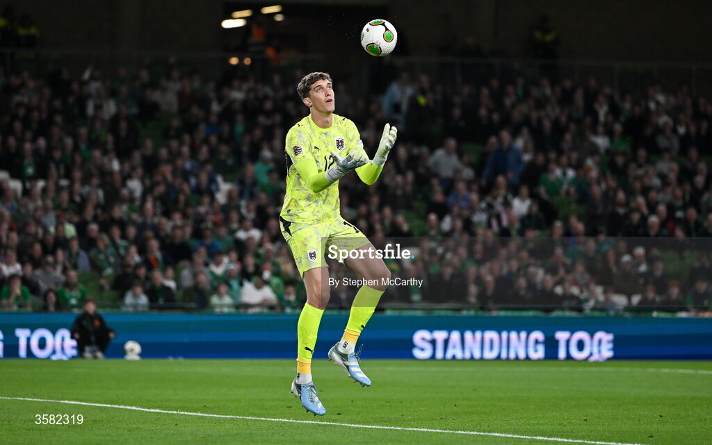 1 October 2026; Austria goalkeeper Florian Wiegele during the UEFA Nations League B match between the Republic of Ireland and Austria at the Aviva Stadium in Dublin. Photo by Stephen McCarthy/Sportsfile
