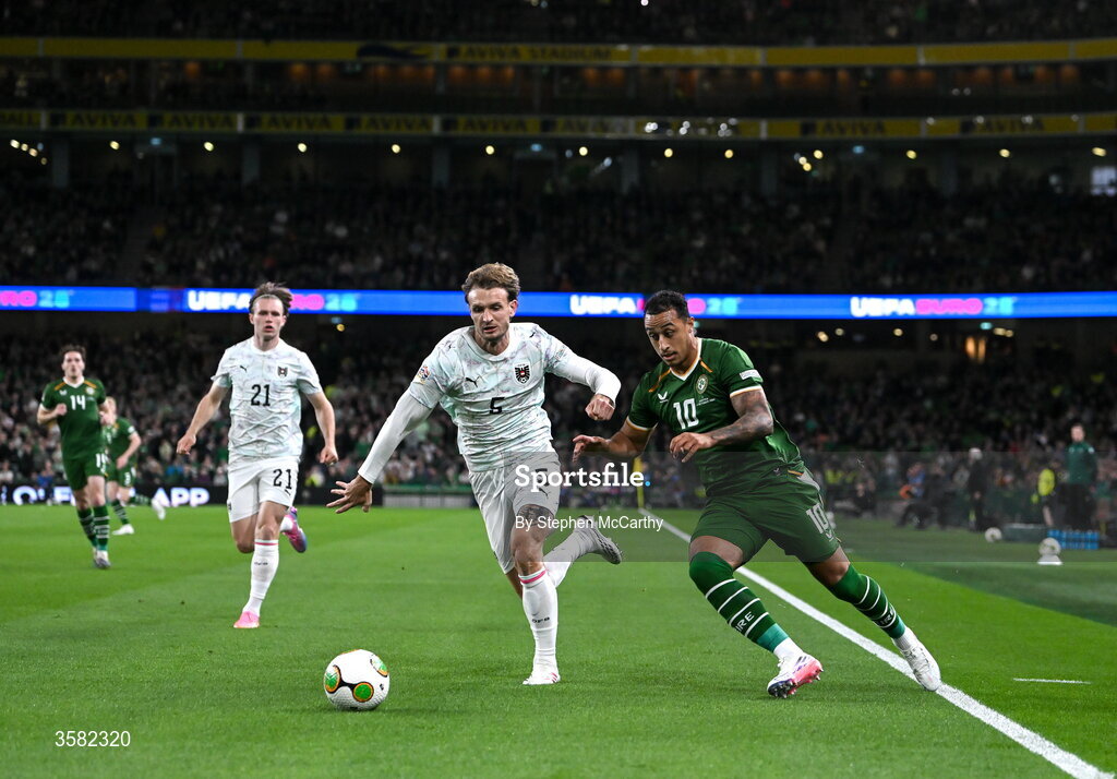 1 October 2026; Adam Idah of Republic of Ireland and Stefan Posch of Austria during the UEFA Nations League B match between the Republic of Ireland and Austria at the Aviva Stadium in Dublin. Photo by Stephen McCarthy/Sportsfile