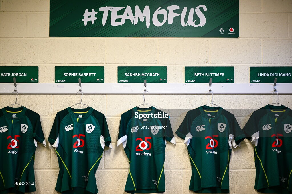 3 October 2026; Ireland jerseys are seen hanging in the dressing room ahead of the International Women's Rugby fixture between Ireland and Japan at Virgin Media Park in Cork. Photo by Shauna Clinton/Sportsfile
