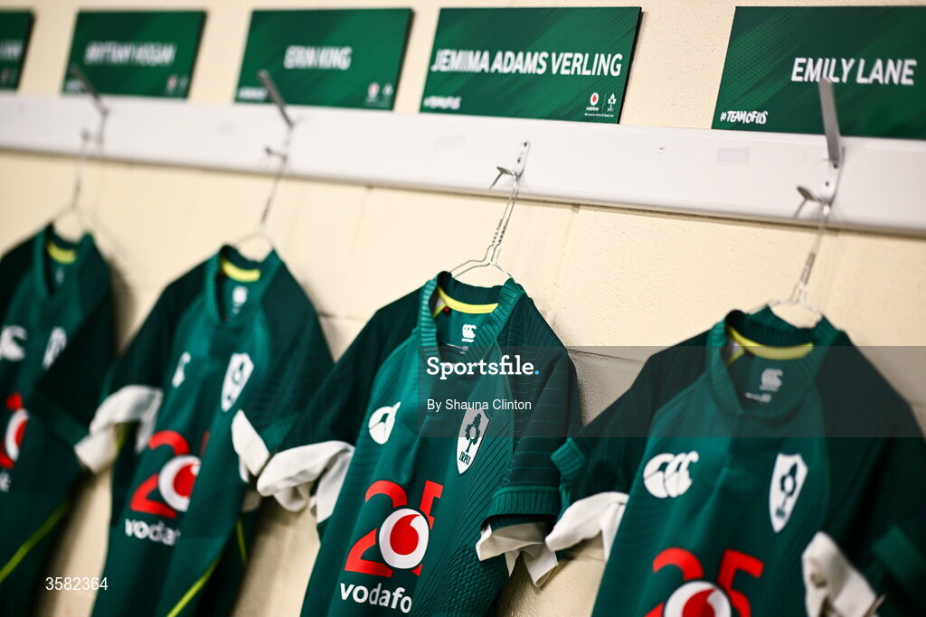 3 October 2026; Ireland jerseys are seen hanging in the dressing room ahead of the International Women's Rugby fixture between Ireland and Japan at Virgin Media Park in Cork. Photo by Shauna Clinton/Sportsfile
