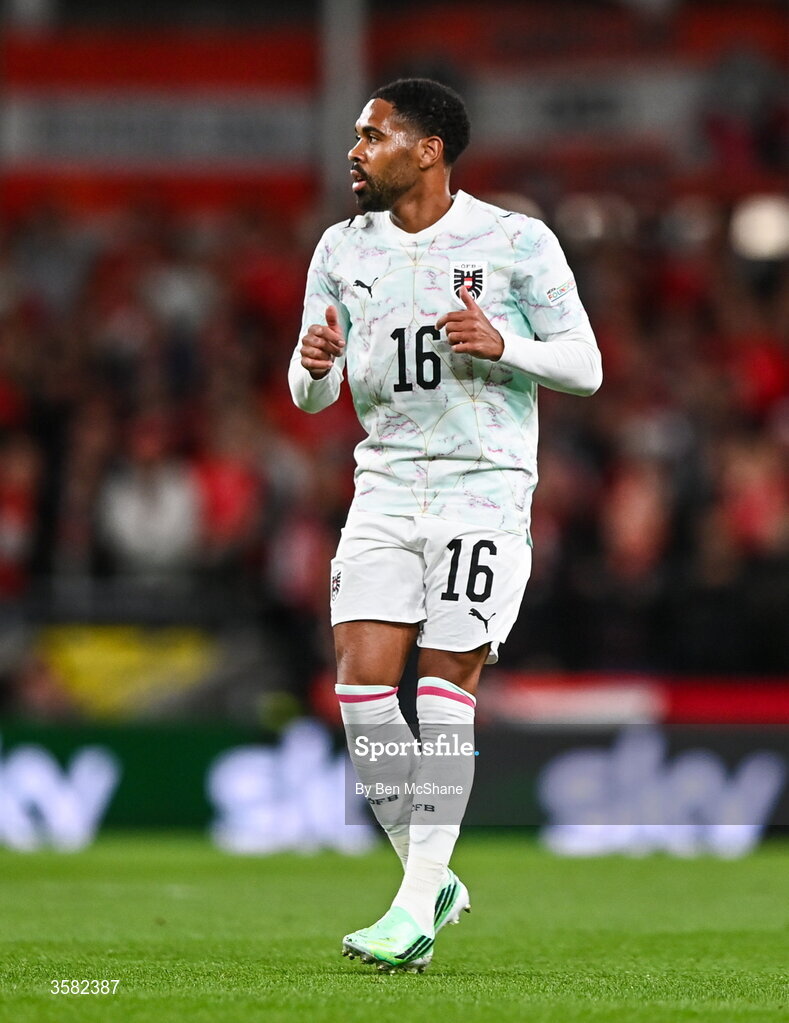 1 October 2026; Phillipp Mwene of Austria during the UEFA Nations League B match between the Republic of Ireland and Austria at the Aviva Stadium in Dublin. Photo by Ben McShane/Sportsfile