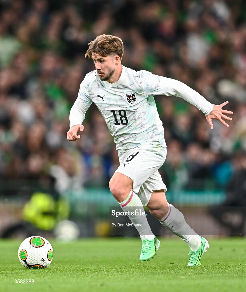 1 October 2026; Romano Schmid of Austria during the UEFA Nations League B match between the Republic of Ireland and Austria at the Aviva Stadium in Dublin. Photo by Ben McShane/Sportsfile