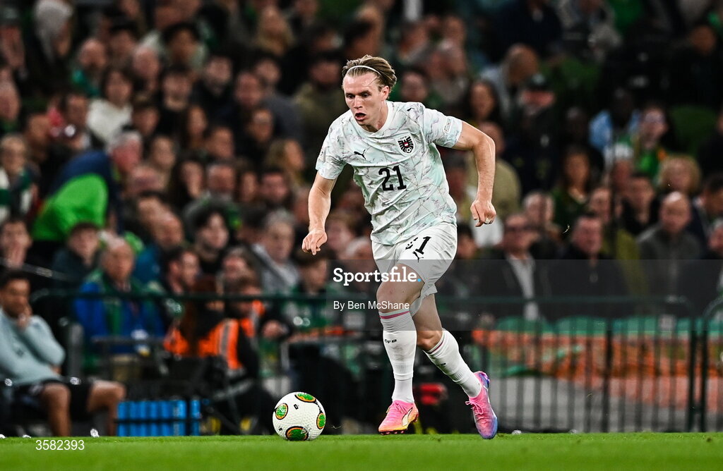 1 October 2026; Patrick Wimmer of Austria during the UEFA Nations League B match between the Republic of Ireland and Austria at the Aviva Stadium in Dublin. Photo by Ben McShane/Sportsfile