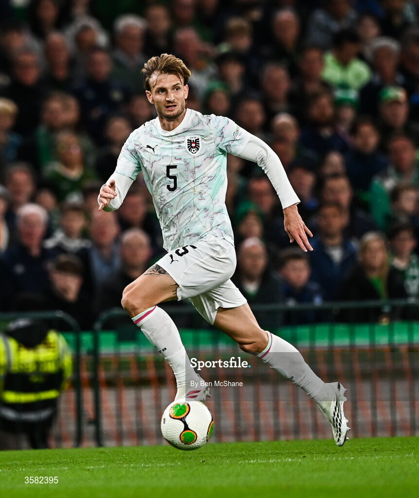 1 October 2026; Stefan Posch of Austria during the UEFA Nations League B match between the Republic of Ireland and Austria at the Aviva Stadium in Dublin. Photo by Ben McShane/Sportsfile