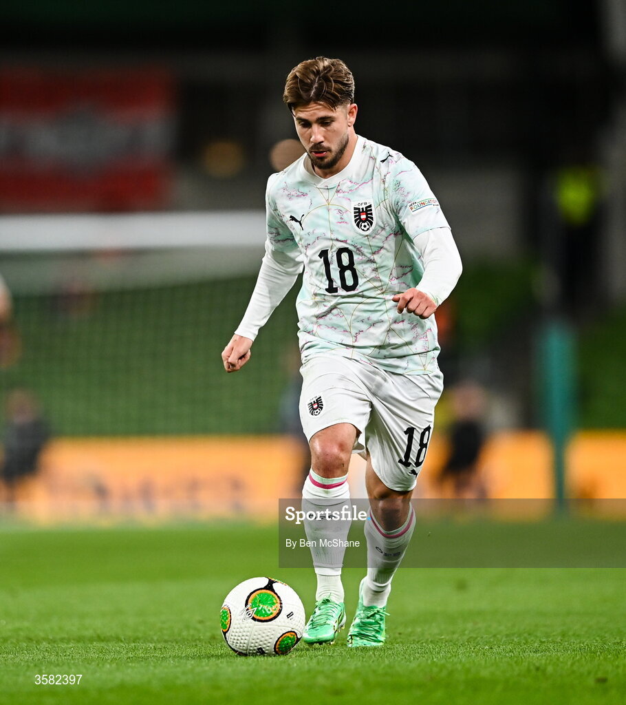 1 October 2026; Romano Schmid of Austria during the UEFA Nations League B match between the Republic of Ireland and Austria at the Aviva Stadium in Dublin. Photo by Ben McShane/Sportsfile