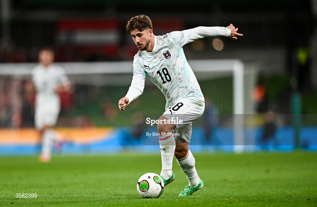1 October 2026; Romano Schmid of Austria during the UEFA Nations League B match between the Republic of Ireland and Austria at the Aviva Stadium in Dublin. Photo by Ben McShane/Sportsfile