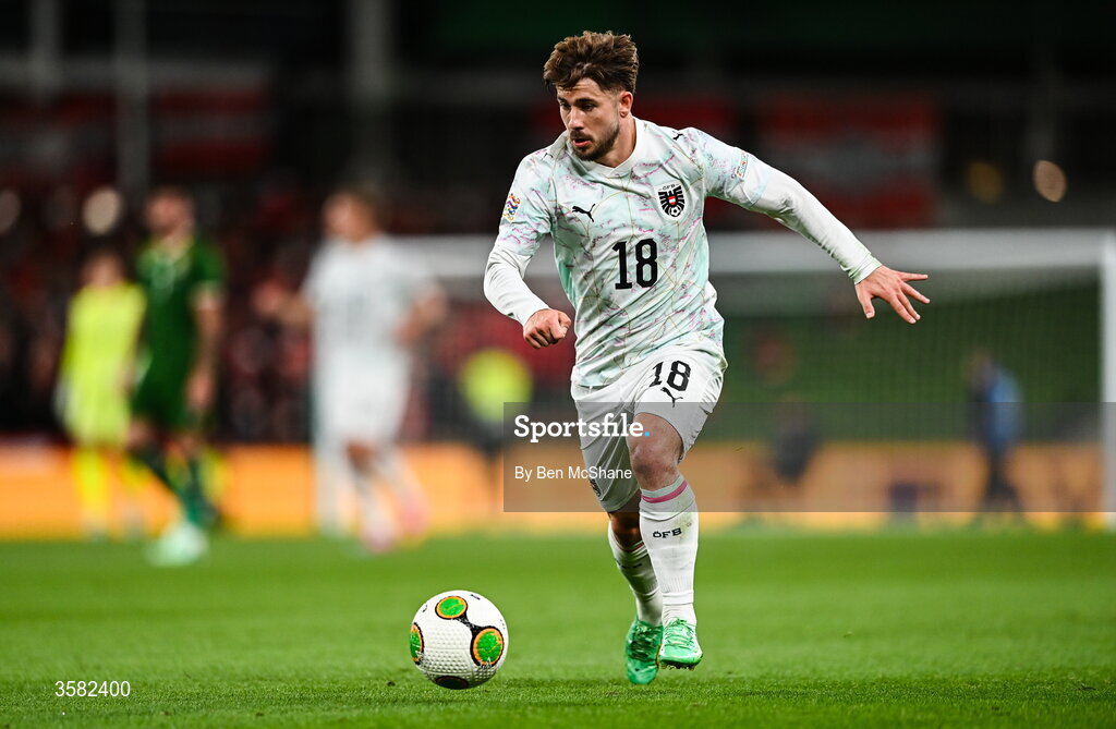 1 October 2026; Romano Schmid of Austria during the UEFA Nations League B match between the Republic of Ireland and Austria at the Aviva Stadium in Dublin. Photo by Ben McShane/Sportsfile
