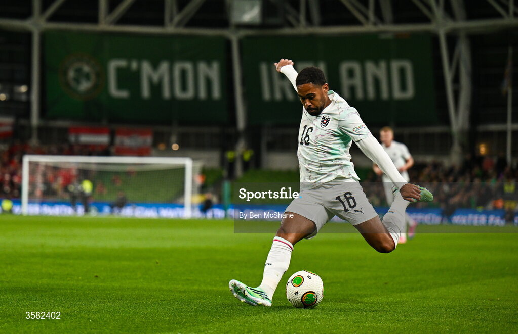 1 October 2026; Phillipp Mwene of Austria during the UEFA Nations League B match between the Republic of Ireland and Austria at the Aviva Stadium in Dublin. Photo by Ben McShane/Sportsfile
