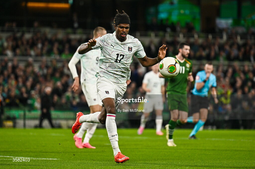 1 October 2026; Carney Chukwuemeka of Austria during the UEFA Nations League B match between the Republic of Ireland and Austria at the Aviva Stadium in Dublin. Photo by Ben McShane/Sportsfile