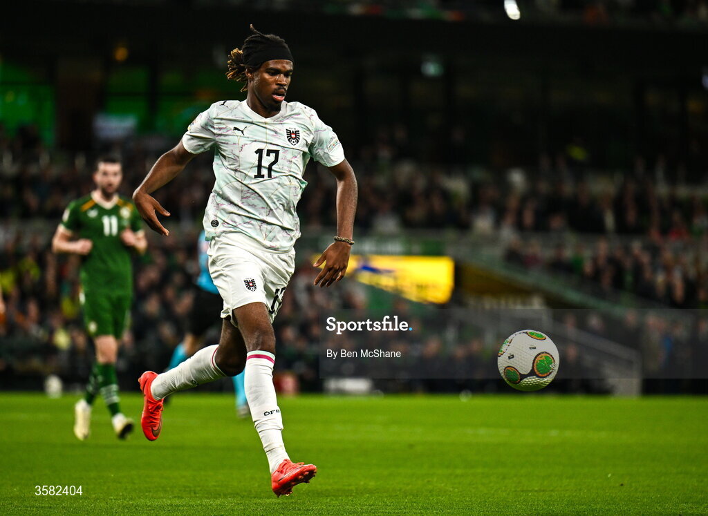 1 October 2026; Carney Chukwuemeka of Austria during the UEFA Nations League B match between the Republic of Ireland and Austria at the Aviva Stadium in Dublin. Photo by Ben McShane/Sportsfile