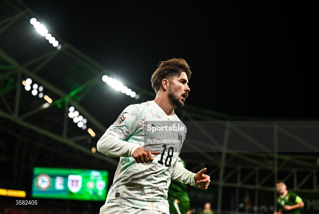 1 October 2026; Romano Schmid of Austria during the UEFA Nations League B match between the Republic of Ireland and Austria at the Aviva Stadium in Dublin. Photo by Ben McShane/Sportsfile