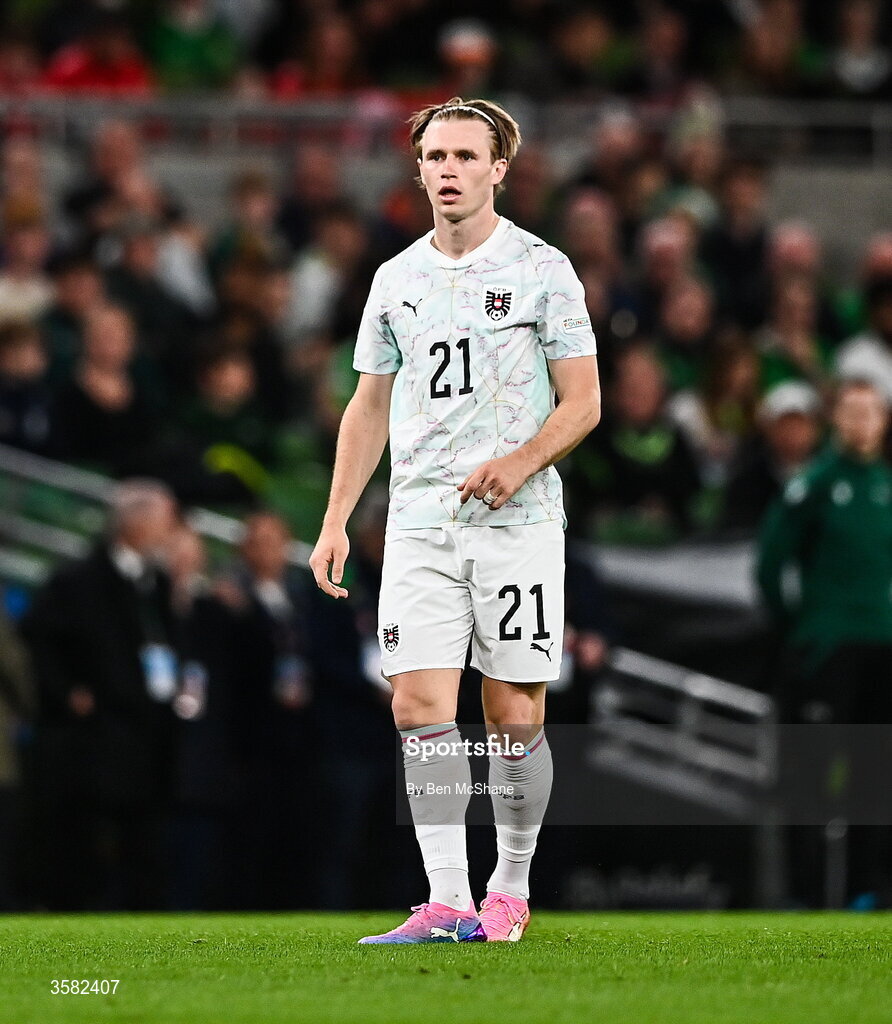 1 October 2026; Patrick Wimmer of Austria during the UEFA Nations League B match between the Republic of Ireland and Austria at the Aviva Stadium in Dublin. Photo by Ben McShane/Sportsfile