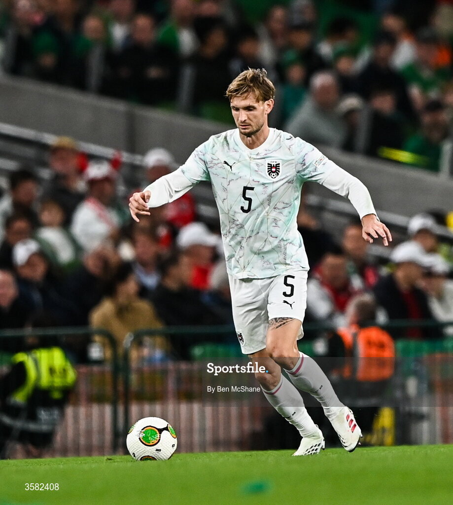 1 October 2026; Stefan Posch of Austria during the UEFA Nations League B match between the Republic of Ireland and Austria at the Aviva Stadium in Dublin. Photo by Ben McShane/Sportsfile