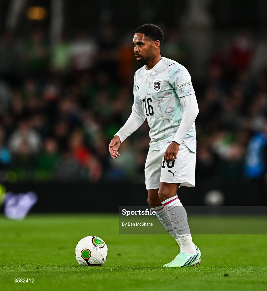 1 October 2026; Phillipp Mwene of Austria during the UEFA Nations League B match between the Republic of Ireland and Austria at the Aviva Stadium in Dublin. Photo by Ben McShane/Sportsfile