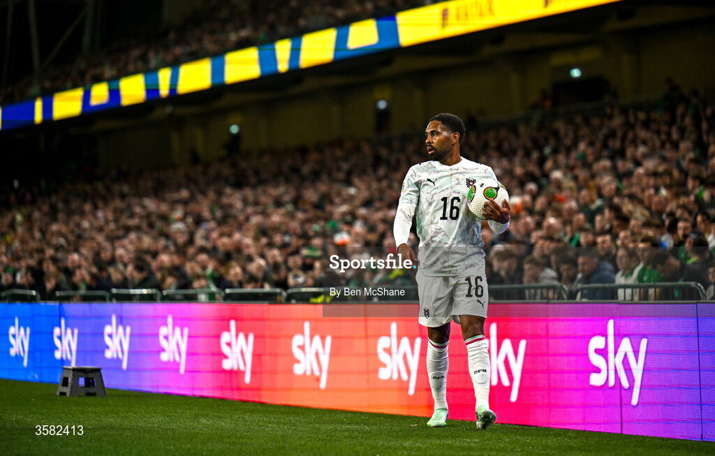 1 October 2026; Phillipp Mwene of Austria during the UEFA Nations League B match between the Republic of Ireland and Austria at the Aviva Stadium in Dublin. Photo by Ben McShane/Sportsfile