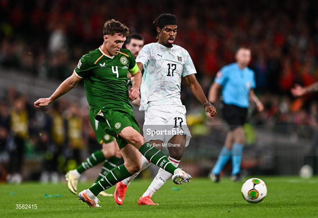 1 October 2026; Dara O'Shea of Republic of Ireland and Carney Chukwuemeka of Austria during the UEFA Nations League B match between the Republic of Ireland and Austria at the Aviva Stadium in Dublin. Photo by Ben McShane/Sportsfile
