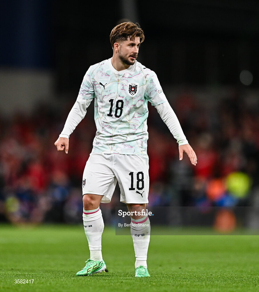 1 October 2026; Romano Schmid of Austria during the UEFA Nations League B match between the Republic of Ireland and Austria at the Aviva Stadium in Dublin. Photo by Ben McShane/Sportsfile