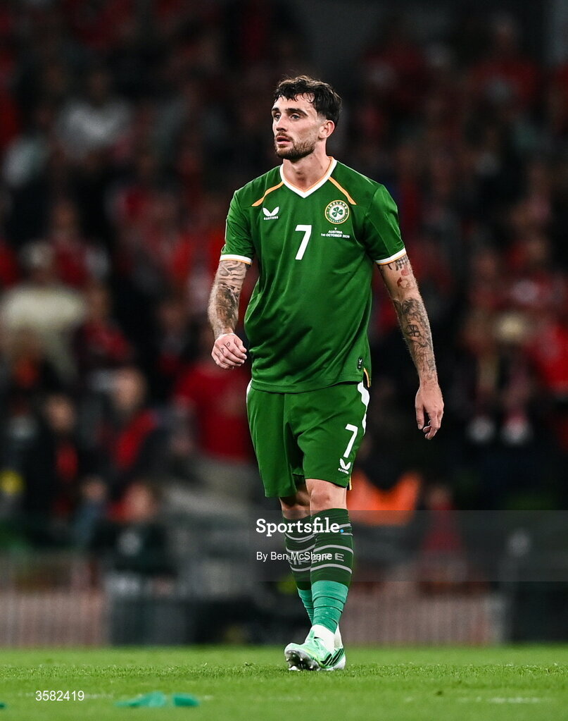 1 October 2026; Troy Parrott of Republic of Ireland during the UEFA Nations League B match between the Republic of Ireland and Austria at the Aviva Stadium in Dublin. Photo by Ben McShane/Sportsfile