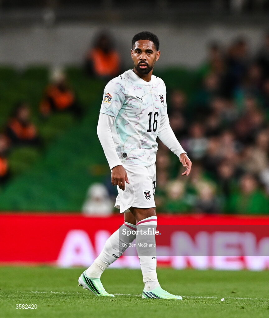 1 October 2026; Phillipp Mwene of Austria during the UEFA Nations League B match between the Republic of Ireland and Austria at the Aviva Stadium in Dublin. Photo by Ben McShane/Sportsfile
