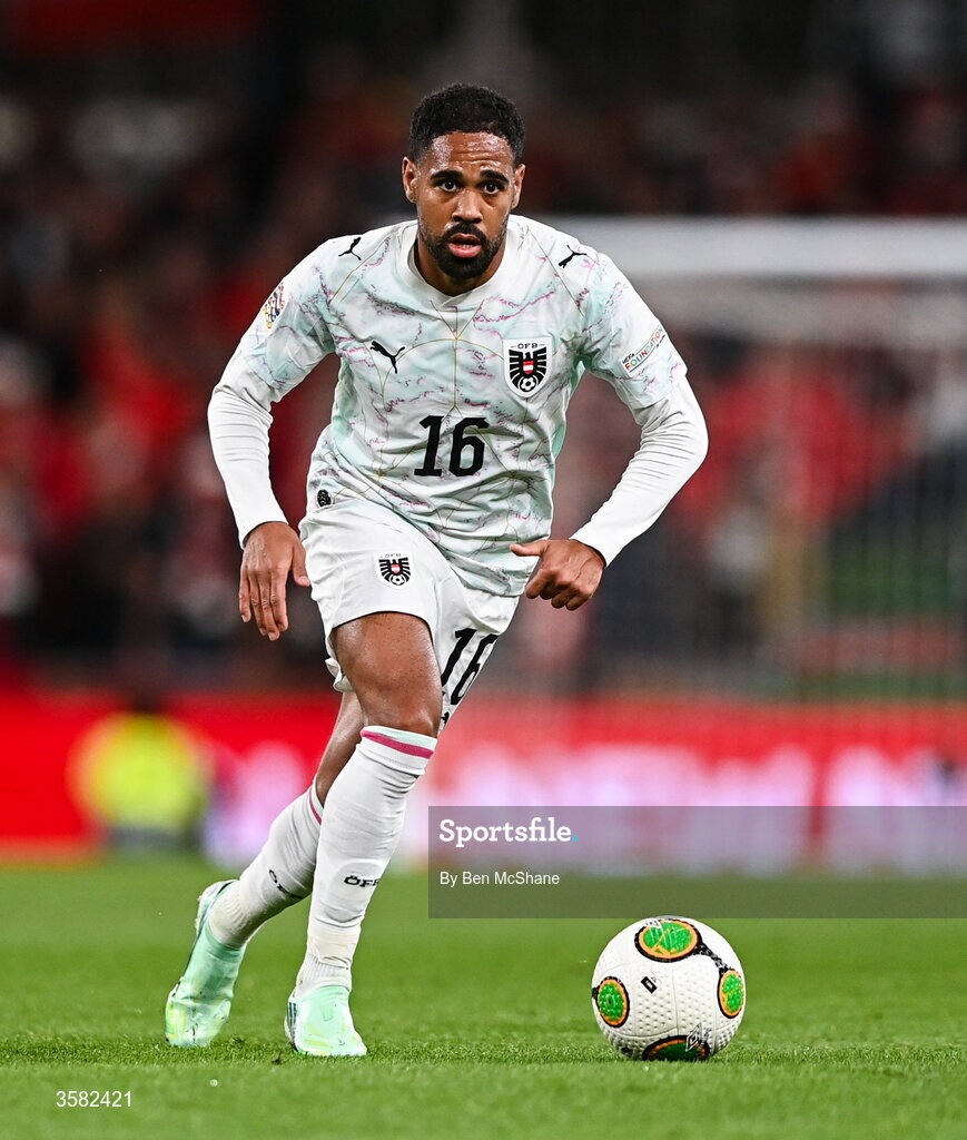 1 October 2026; Phillipp Mwene of Austria during the UEFA Nations League B match between the Republic of Ireland and Austria at the Aviva Stadium in Dublin. Photo by Ben McShane/Sportsfile