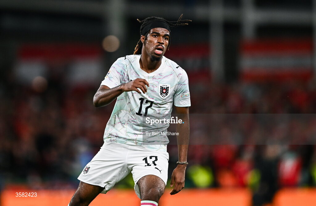 1 October 2026; Carney Chukwuemeka of Austria during the UEFA Nations League B match between the Republic of Ireland and Austria at the Aviva Stadium in Dublin. Photo by Ben McShane/Sportsfile