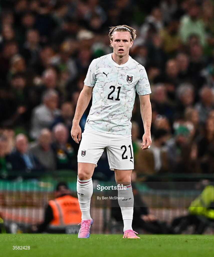 1 October 2026; Patrick Wimmer of Austria during the UEFA Nations League B match between the Republic of Ireland and Austria at the Aviva Stadium in Dublin. Photo by Ben McShane/Sportsfile