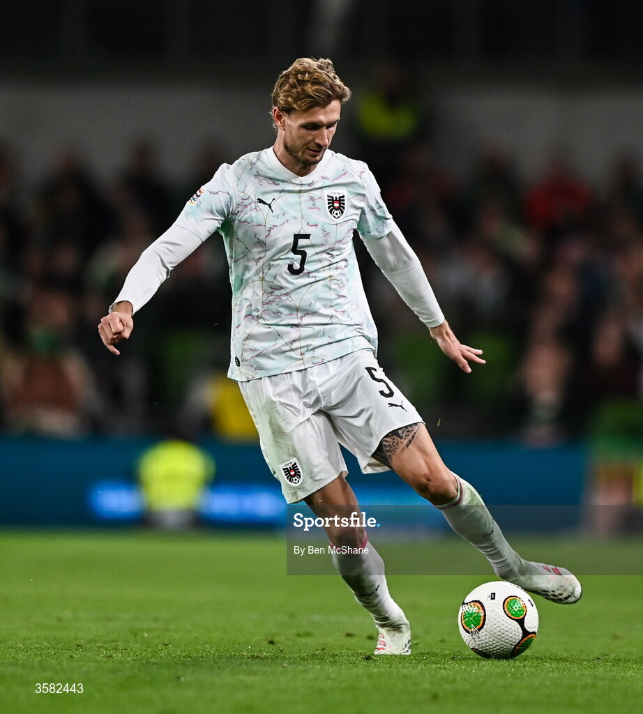 1 October 2026; Stefan Posch of Austria during the UEFA Nations League B match between the Republic of Ireland and Austria at the Aviva Stadium in Dublin. Photo by Ben McShane/Sportsfile