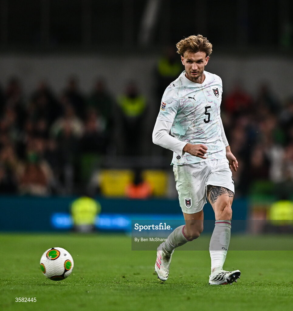 1 October 2026; Stefan Posch of Austria during the UEFA Nations League B match between the Republic of Ireland and Austria at the Aviva Stadium in Dublin. Photo by Ben McShane/Sportsfile
