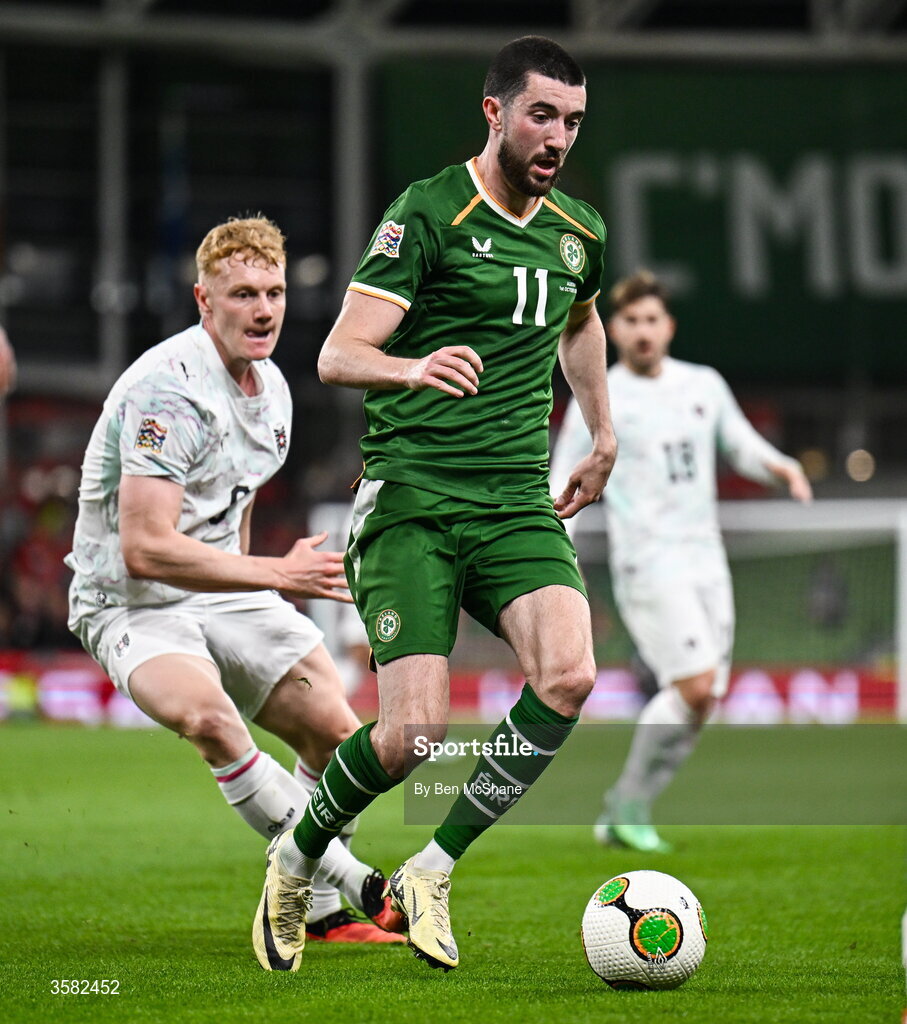1 October 2026; Finn Azaz of Republic of Ireland and Nicolas Seiwald of Austria during the UEFA Nations League B match between the Republic of Ireland and Austria at the Aviva Stadium in Dublin. Photo by Ben McShane/Sportsfile