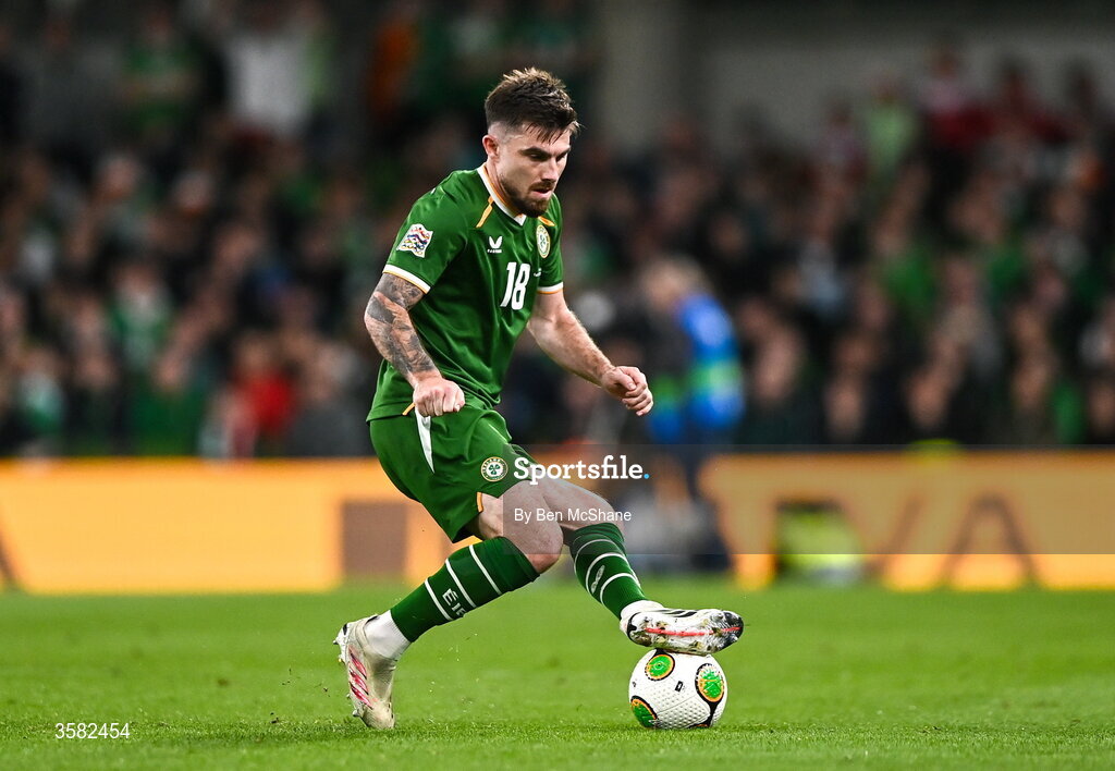 1 October 2026; Ryan Manning of Republic of Ireland during the UEFA Nations League B match between the Republic of Ireland and Austria at the Aviva Stadium in Dublin. Photo by Ben McShane/Sportsfile